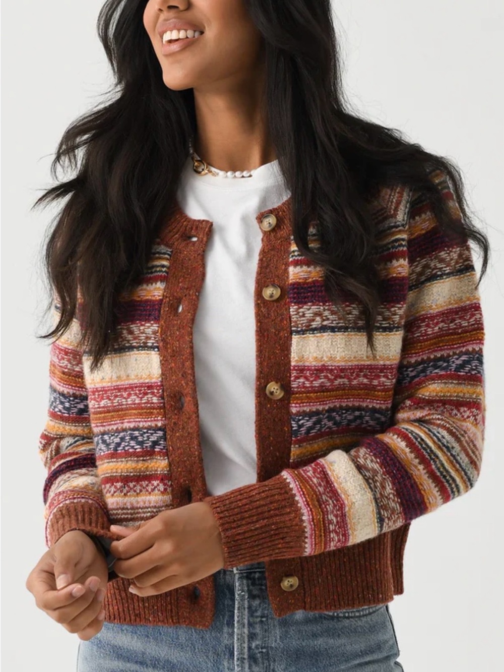 Faherty Multicolor Striped Button Cardigan in Rust and Pink